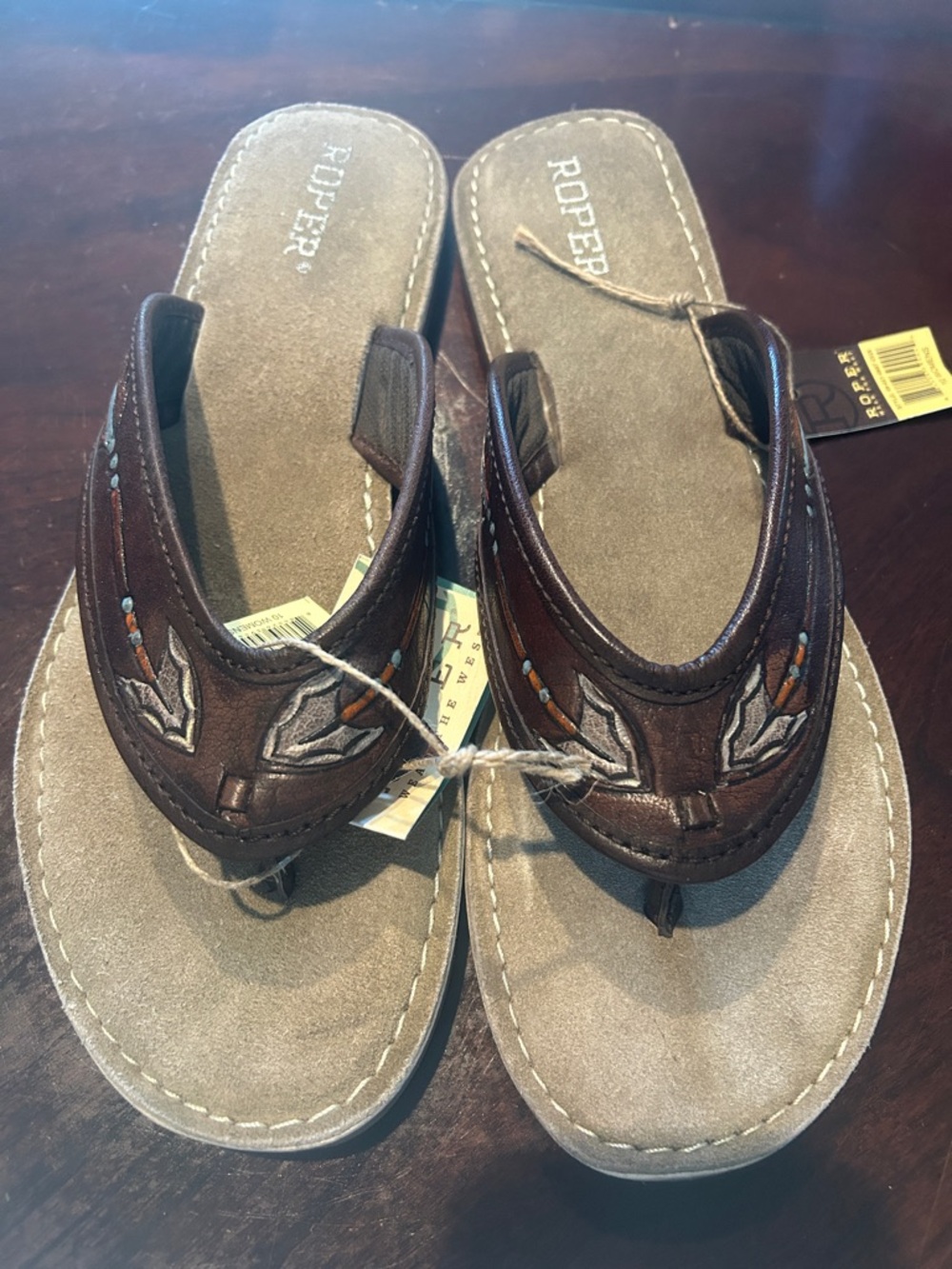 Roper Brown Leather Western Embroidered Flip Flops